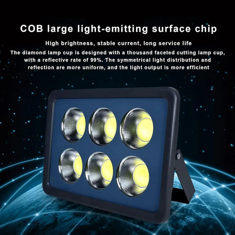 JUDYSSY Led Floodlight Outdoor 100-600W with COB chip, showing six bright LED lights, designed for efficient light distribution.