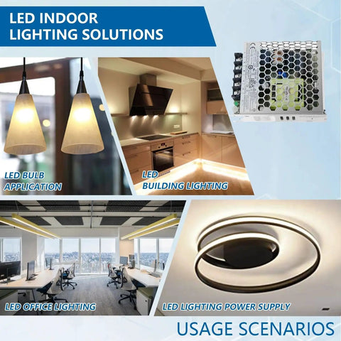 LED Indoor Lighting Solutions showcasing LED Bulb Application, Building Lighting, Office Lighting, and Power Supply.