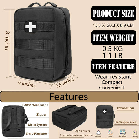 First aid kit EMT IFAK pouch, black with MOLLE straps and white cross patch (front view).