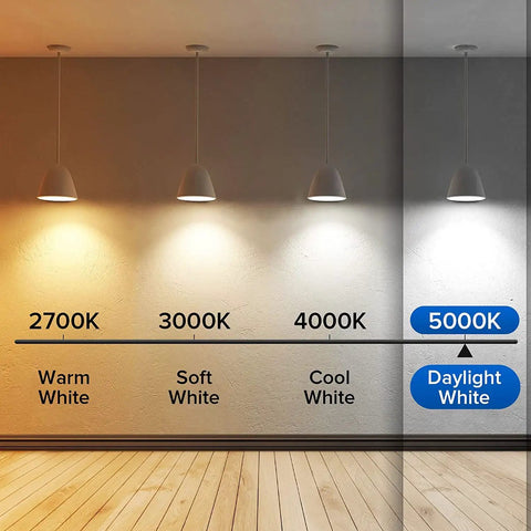 Comparison of light temperatures: warm, soft, cool, and 5000K daylight white, showcasing 60W Equivalent LED Light Bulbs Save Big On Power.