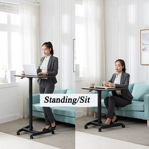 Smooth Rolling Mobile Laptop Cart With Height Adjustable Desk On Wheels For Home Office And Living Room Use Featuring Effortless Setup Compact Footprint And Heavy Duty Surface Build, shown in standing and sitting positions.