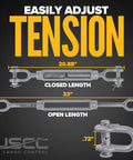 Heavy Duty Jaw To Jaw Turnbuckle 5 8 X 12 Inch Unc Thread 20 Pack Rated 3500 Lbs showing dimensions and adjustable tension features.