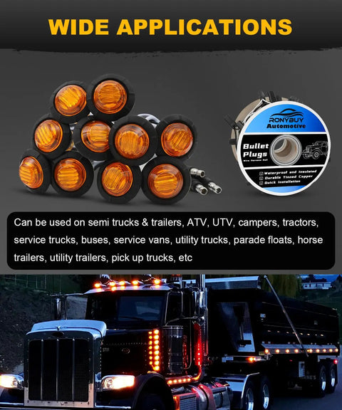 Amber 20 Pack Three Quarter Inch LED Marker Lights With Connector Plug And Double Female Two Prong Harness shown with large truck