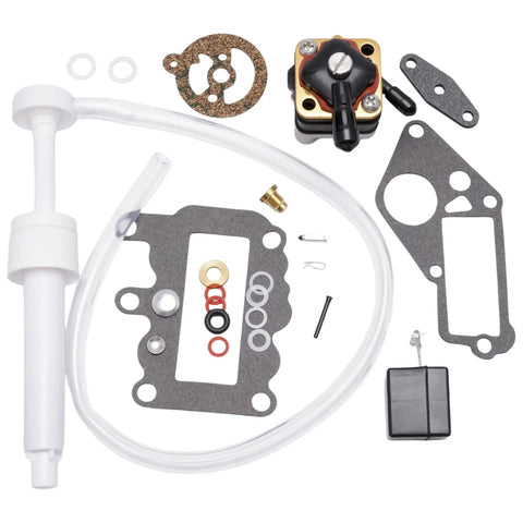 Outboard Fuel Pump And Carb Repair Kit For 9.5 HP Marine Outboards, Complete Fuel System Service Kit with parts and gaskets visible.