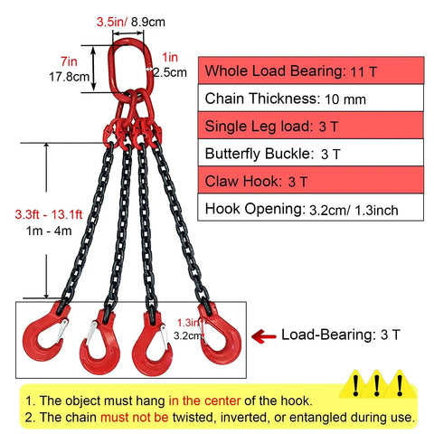 Beefy 11 Ton Heavy Duty Load Bearing Lifting Chains For Moving Equipment With 24251 Lbs Capacity And 4 Point 9 Foot Chain Sling