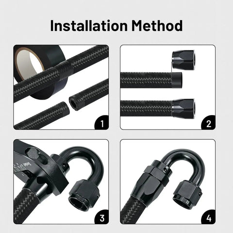 Installation method for 6AN Fuel Line Kit With AN6 Braided Nylon Stainless Steel Fuel Hose, fittings and components visible