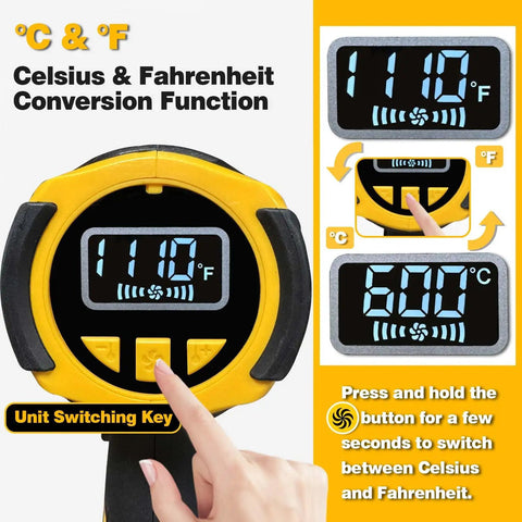 Cordless Hot Air Gun With 20V Battery Compatibility, LCD Display showing temperature conversion function, user adjusting settings.