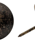 Top Shelf One Inch Upholstery Tacks With A Sleek Dark Antique Brass Finish Heavy Duty Nailhead Pins showing round heads and shank.