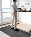 2 By 7 Ft Anti Fatigue Floor Mat With Fifteen Sixteenth Inch Thick Ergonomic Design For Standing Comfort Non Slip Diamond Plate Industrial Grade Durable Mat For Leg And Back Pain Relief Gray in office setup with man standing at desk.