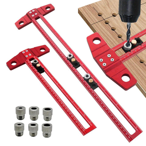 Double Scale T Square Ruler Aluminum Measuring Tool For Inches And Metric shown with drill guide on wood surface