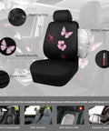 Universal Cloth Butterfly Car Seat Covers Full Set With Waterproof Floor Mats And Steering Wheel Cover Dope Flower Embroidered Design Black And Pink Interior Accessories Kit shown on car seat