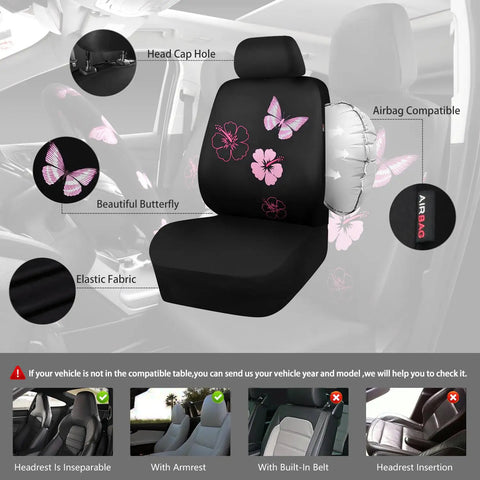 Universal Cloth Butterfly Car Seat Covers Full Set With Waterproof Floor Mats And Steering Wheel Cover Dope Flower Embroidered Design Black And Pink Interior Accessories Kit shown on car seat