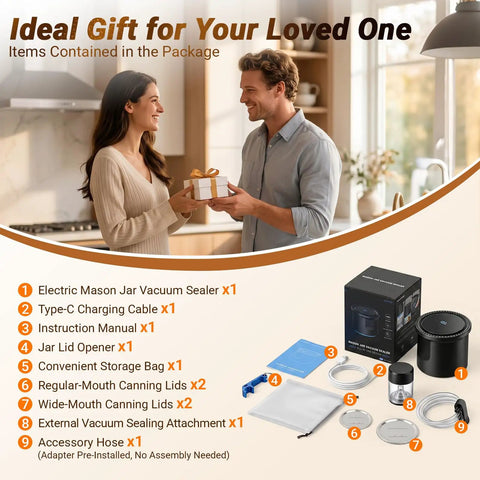 Mason Jar Vacuum Sealer Kit, 20s Fast Seal, No-Fuss All-In-One Design with accessories and gift box shown in a kitchen setting