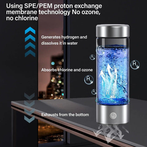 Portable Hydrogen Water Bottle With PEM-SPE Tech USB Rechargeable Ionizer Cup delivers up to 3000 PPB hydrogen, kitchen counter use