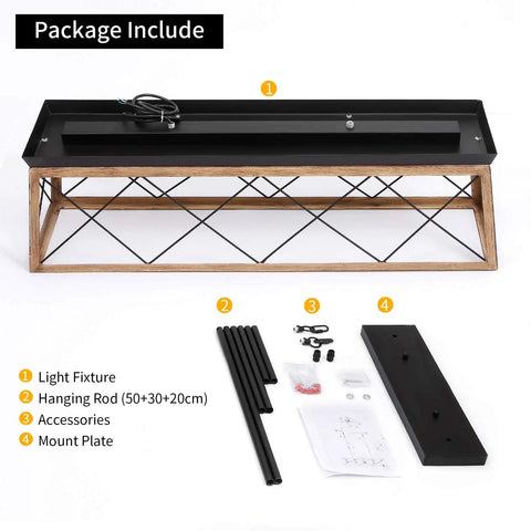 Package contents for Farmhouse 5 Light Chandelier For Dining Room And Kitchen Island Rustic Pendant Light Fixtures In Matte Black With Wood Finish Industrial Style Ceiling Lighting That Brings Modern Cozy Vibe To Your Home, showing light fixture, rods, and accessories.