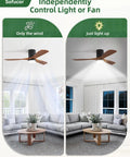 Top Notch 52 Inch Wood Ceiling Fan With Dimmable LED Lights And Wireless Remote showing independent control of light and fan.