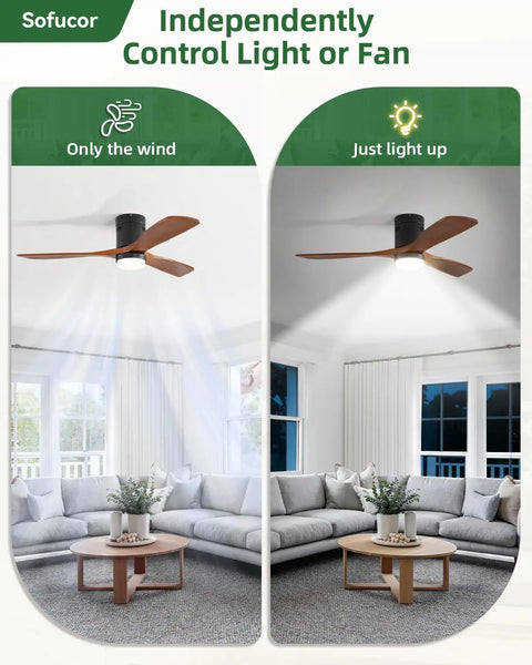 Top Notch 52 Inch Wood Ceiling Fan With Dimmable LED Lights And Wireless Remote showing independent control of light and fan.