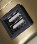 Close-up of USB ports on Stylish Antique Brass And Walnut Wood Veneer Shelf Floor Lamp With Textured Natural Fabric Shade