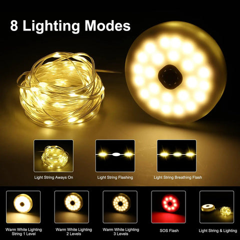 8 lighting modes of 4 In 1 Solar Camping String Lights With Remote Control And Extra Long 72.2 Ft LED String 220 LEDs USB Rechargeable Solar Powered Portable Outdoor Lantern for tents and hikes