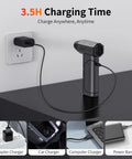 Powerful 130000 RPM Cordless Air Duster with LED Light charging via USB-C plugged into wall adapter.