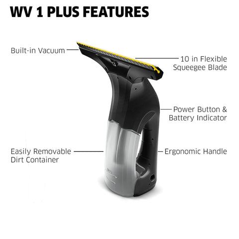 Front view of Kärcher WV 1 window vacuum squeegee, black body with a 10-inch yellow blade and ergonomic handle