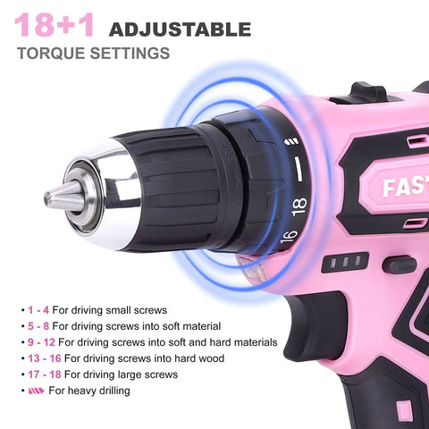 Close-up of pink 20V cordless drill showing 18+1 torque settings, part of Pink 232-Piece Drill Set With 20V Cordless Drill Driver