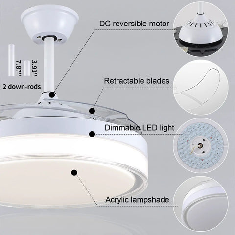 42 Inch Ceiling Fan With Lights And Remote Control Dope Retractable Blades Chandelier Style White Finish memory function details