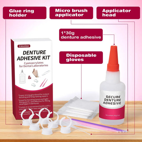 Instant Denture Glue For Loose Teeth And Cracked Dentures, Fast Bond In 15 To 60 Seconds, adhesive kit with tools and gloves