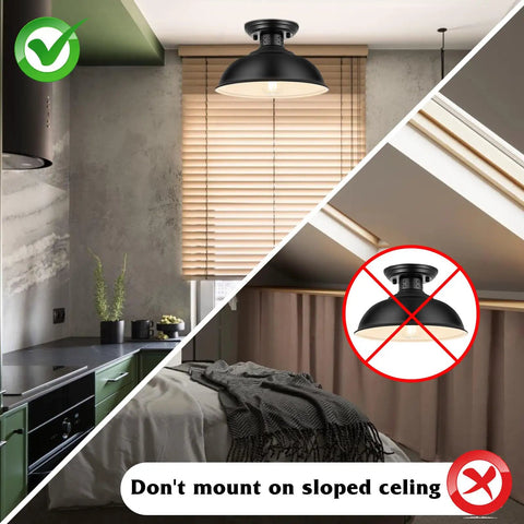 Industrial Semi Flush Mount Ceiling Light Matte Black Farmhouse Fixture in kitchen and bedroom, correct and incorrect installation shown.