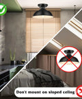 Comparison of 2 Pack Semi Flush Mount Ceiling Light Fixtures Farmhouse Black in correct and incorrect mounting positions