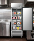 Built Like A Tank 23 Cubic Foot Commercial Upright Freezer With No Sweat Auto Defrost And Heated Door Frame Digital Temperature Control showcasing meats and seafood.