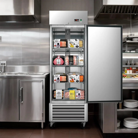 Built Like A Tank 23 Cubic Foot Commercial Upright Freezer With No Sweat Auto Defrost And Heated Door Frame Digital Temperature Control showcasing meats and seafood.