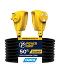 Heavy Duty 50 Foot 30 Amp RV Extension Cord With Standard Connectors Ultra Flexible Power Cable For Campers Electric Vehicles And Trailers Road Trip Ready Slick Build with yellow connectors.