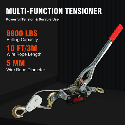 Heavy Duty Come Along Winch 4 Ton 8800 Lbs Tension Dual Gear Ratchet Hand Winch with 10 Ft Coated Steel Rope and hooks.
