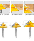45 Degree Lock Miter Router Bit Set, 3-Piece, for 1/2, 5/8, 3/4 Inch Cutting Height, 1/4 Inch Shank, carbide bits, product dimensions