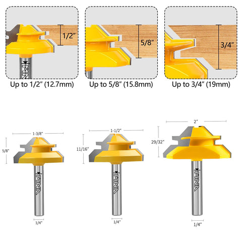 45 Degree Lock Miter Router Bit Set, 3-Piece, for 1/2, 5/8, 3/4 Inch Cutting Height, 1/4 Inch Shank, carbide bits, product dimensions