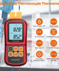 Dual Channel Digital Thermocouple Thermometer With Two K Type Probes Backlit LCD Real Time Temperature Readout