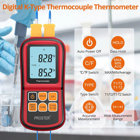 Dual Channel Digital Thermocouple Thermometer With Two K Type Probes Backlit LCD Real Time Temperature Readout