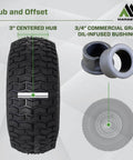 Two Pack 15x6.00-6 Pneumatic Tire And Wheel Assembly For Riding Lawn Mowers Turf Saver Front Tires 4 Ply Center Hub Grease Fitting Easy Install Fits Craftsman Riding Mowers showing tire structure and bushings