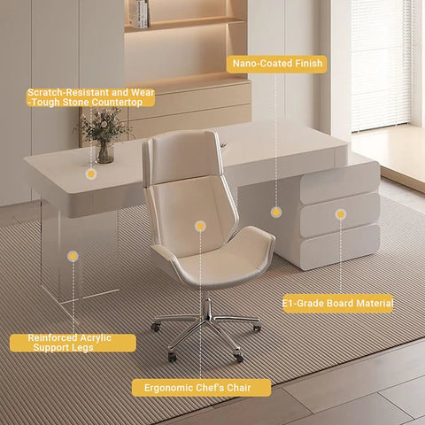 Cream L Shaped Desk With Plenty Of Storage Drawers And Smooth Rolling Wheels Floating Clear Acrylic Legs Office Salon Workspace Game Changer Boss Setup Straight Up Heavy Duty showcasing ergonomic chair and storage details.
