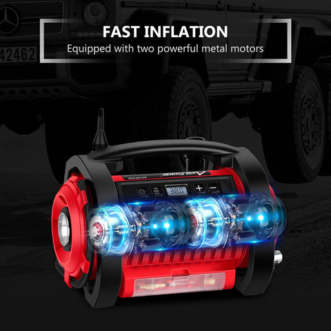 Portable Tire Inflator Air Compressor With Dual Motors, 12V DC And 110V AC, Car Tire Pump with fast inflation feature