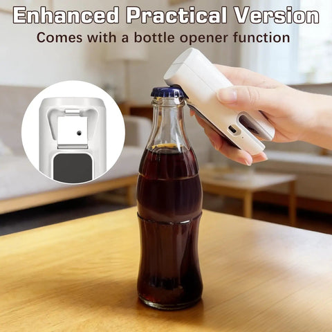 Three In One Bag Sealer With Cutter And Bottle Opener Portable USB Rechargeable used to open a bottle on table in living room