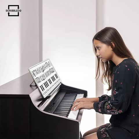 Girl at piano using 11 By 14 Inch Keyboard Practice Dry Erase Lapboard Double Sided Music Staff Whiteboard For Kids Students Musicians Portable Durable Masonite Lap Pad For Music Class Supplies, showing music notes and staff lines.