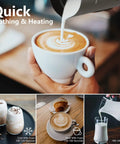 4 In 1 Milk Frother And Warmer With Stainless Steel Build And Touch Screen pouring frothy milk into coffee for latte art