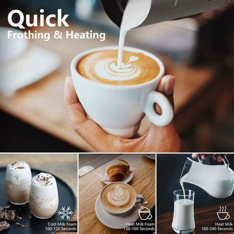4 In 1 Milk Frother And Warmer With Stainless Steel Build And Touch Screen pouring frothy milk into coffee for latte art