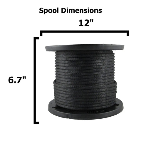3/8 Inch Black Solid Braid Dacron Polyester Rope 250 Ft Spool Low Stretch UV Resistant Industrial Utility Cord