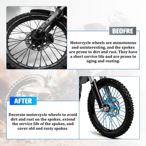 Before and after using 72 Pcs Dirt Bike Spoke Covers Kit With Dustproof Wheel Rim Skins Wraps Guards And Bicycle Tire Trim Decoration Protector Universal Fit Easy Install For Motorcycles Scooters And Bikes Light Blue