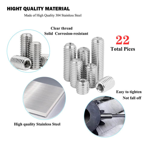 All Purpose 22Pcs Threaded Grub Screws Set 1/4-20 Inch Four Sizes Full Thread Cup Point 304 Stainless Steel Heavy Duty Hardware Kit For Bathroom Fixtures Door Handles Light Fixtures And More in 304 stainless steel.