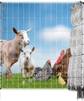 Electric Fence for Backyard Poultry with Step In Posts Easy Setup Portable Twelve Strand System Keeps Chickens Ducks and Turkeys In 48 Inches High by 164 Feet Long White, with animals.