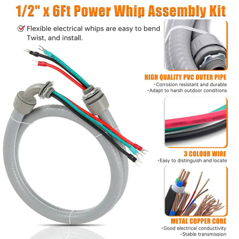 Power Whip Assembly Kit For 3 Conductor 10 Gauge Preassembled AC Whip With Nonmetallic Liquid Tight Flexible Electrical Conduit, 6 Ft